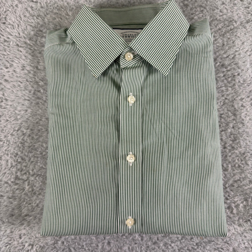 Charles Tyrwhitt Mens Green White Striped Classic Fit Dress Shirt 15.5/35 - Picture 6 of 9